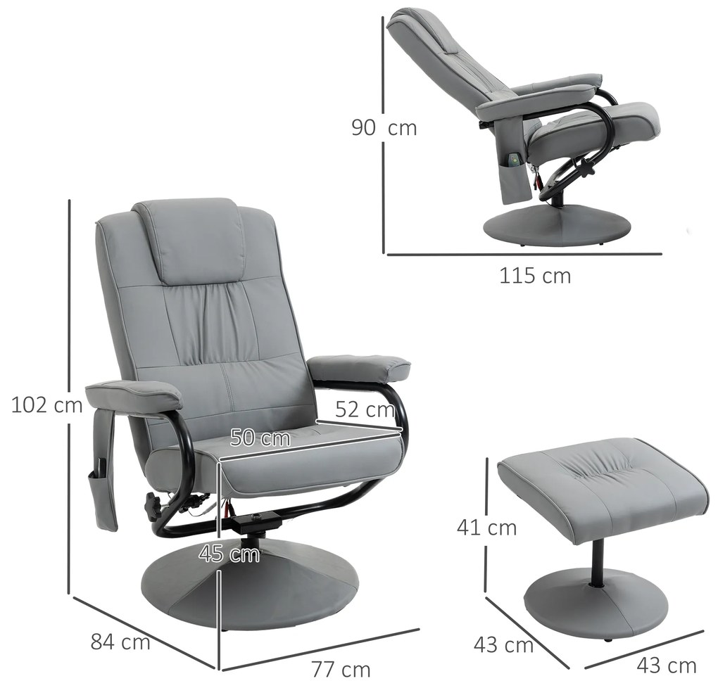 Poltrona de Massagem com Banco Poltrona Relax Giratório Reclinável 145° com 10 Pontos de Massagem 77x84x102 cm Cinza