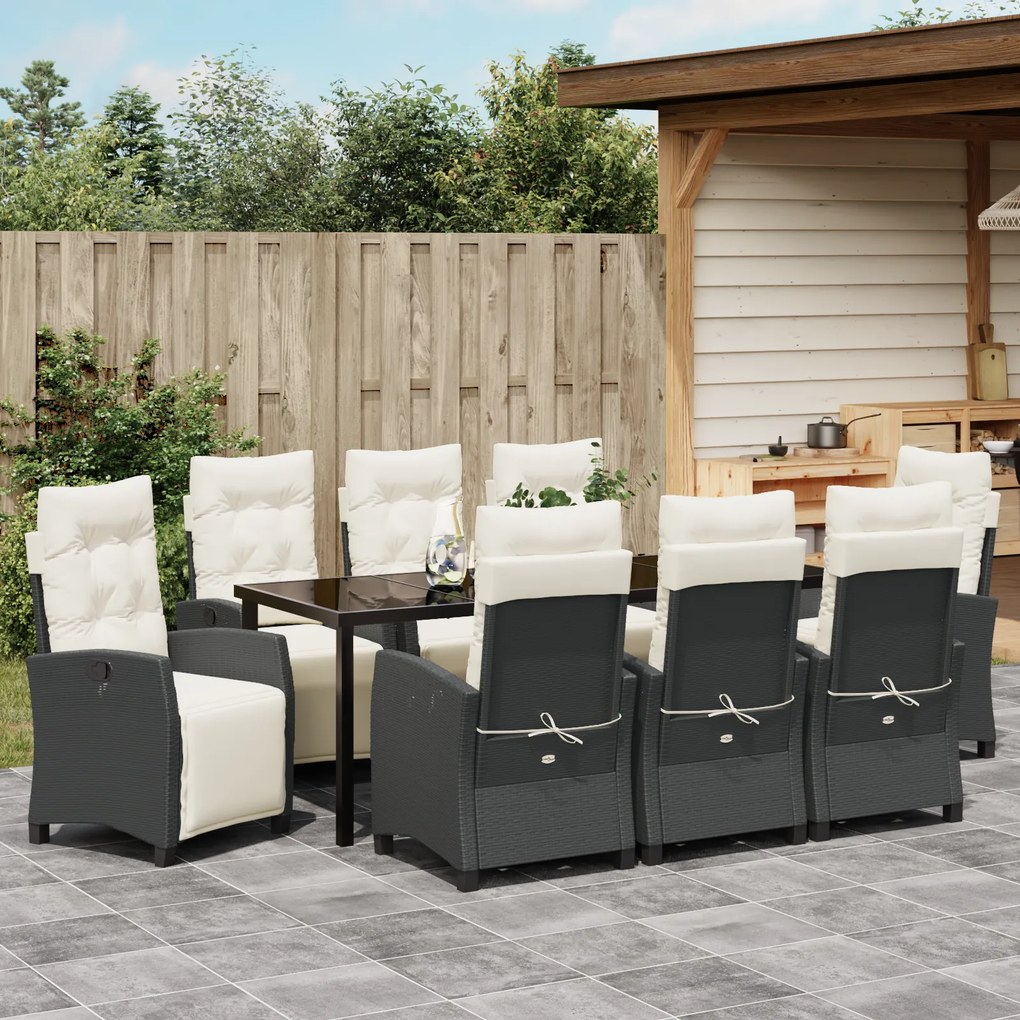 Conjunto de Jantar de Jardim 9 Peças de Rattan Poliéster Preto