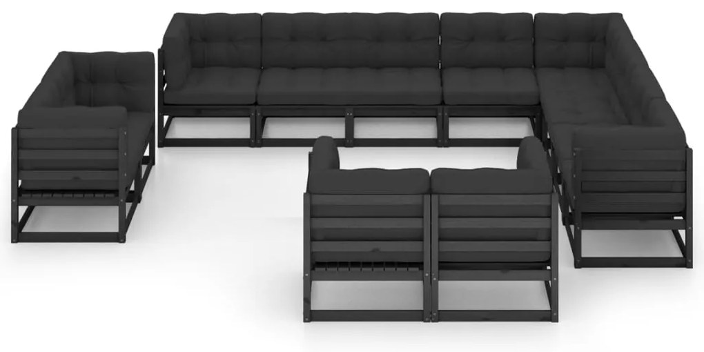 12 pcs conjunto lounge jardim c/ almofadões pinho maciço preto