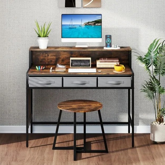 Secretária para computador 110 x 50 x 95,5 cm com tomadas elétricas com banco com suporte para monitor e Gavetas de tecido Castanho