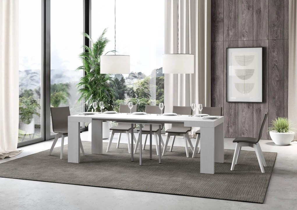 Mesa jantar sala, cozinha extensível Roxell 90x90 extensível 246 cm Branco cinza