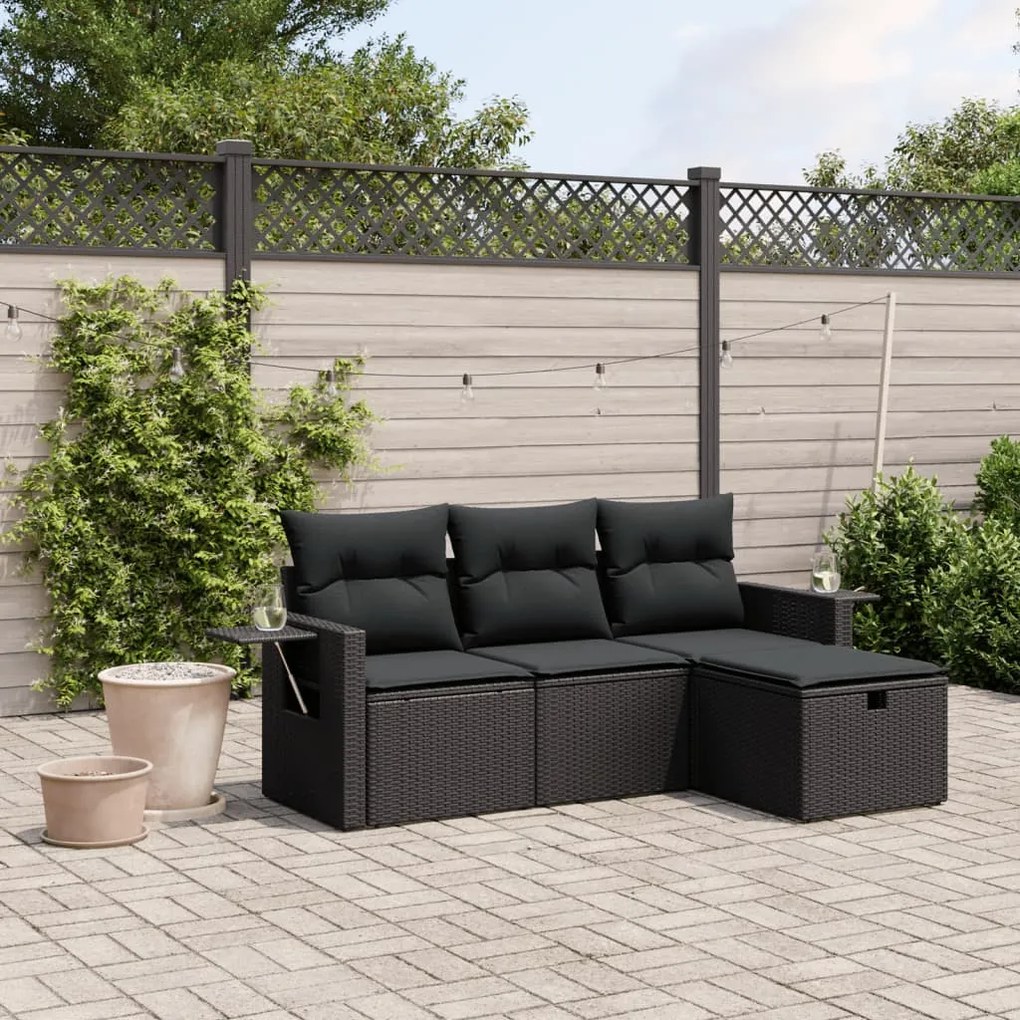 vidaXL 4 pcs conjunto de sofás para jardim c/ almofadões vime PE preto