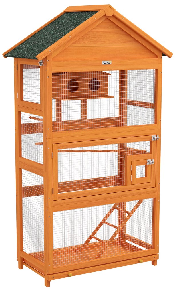 Pawhut Gaiola para Pássaros em Madeira Gaiola para Papagaio Área de Jogos Telhado de Asfalto Impermeável 92x52x171 cm Laranja | Aosom Portugal
