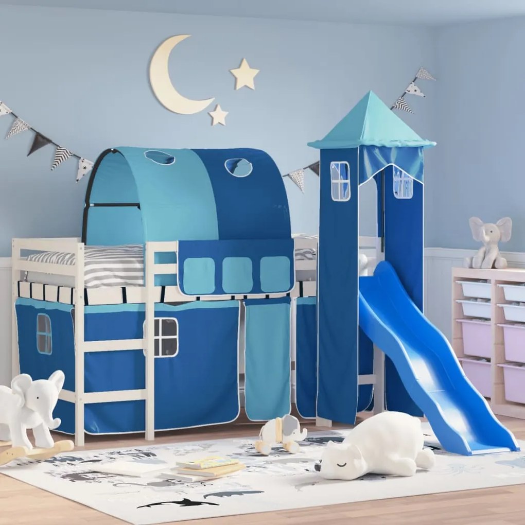 vidaXL Cama alta para criança com torre 80x200 cm pinho maciço azul