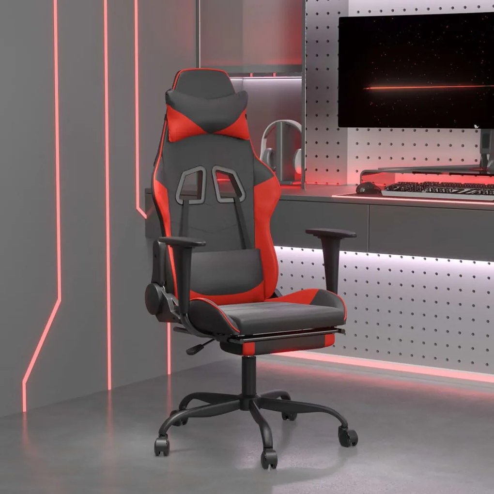 Cadeira gaming massagem + apoio pés couro artif. preto/vermelho