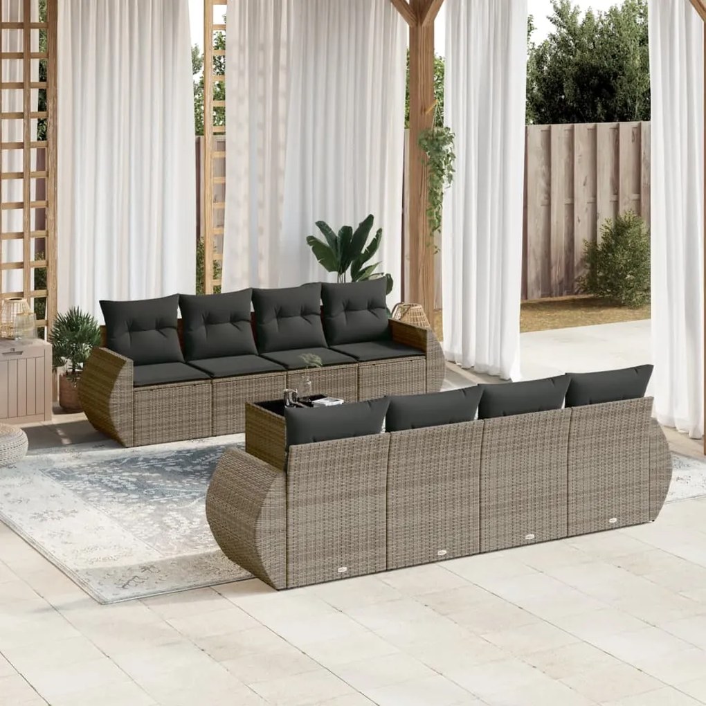 vidaXL 9 pcs conjunto sofás p/ jardim com almofadões vime PE cinzento