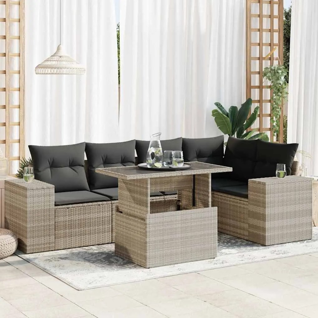 vidaXL 6 pcs conj. sofás jardim com almofadões vime PE cinzento-claro