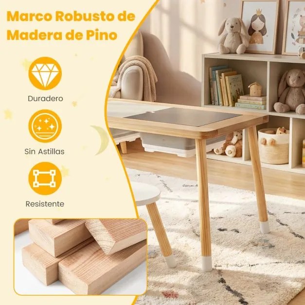 Mesa para crianças sensorial com bancos, superfícies duplas e caixas de armazenamento, natural e preto e branco