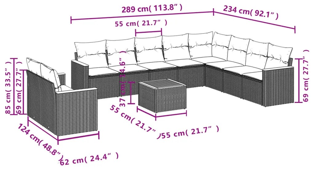 11 pcs conjunto sofás de jardim c/ almofadões vime PE cinzento