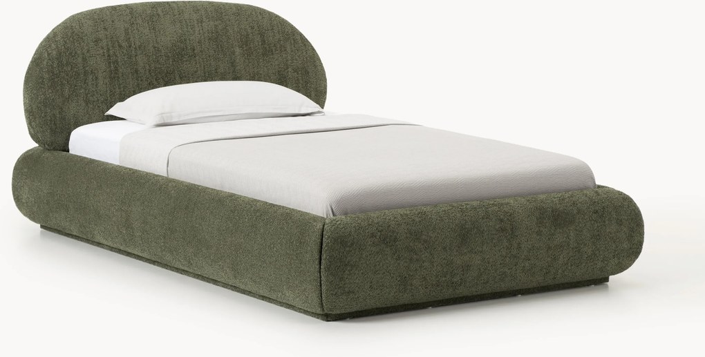 Cama de solteiro estofada em teddy-bouclé com arrumação Alba