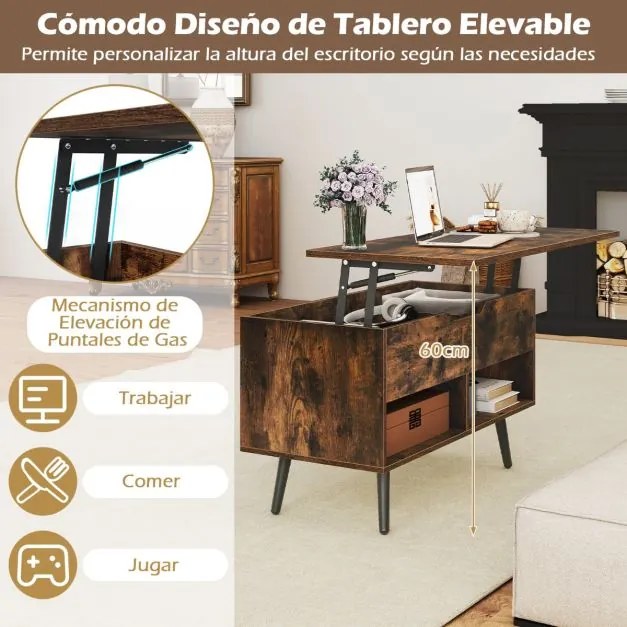 Mesa de centro 80 x 40 x 44,5 cm elevável em madeira com compartimento oculto e 2 prateleiras abertas café