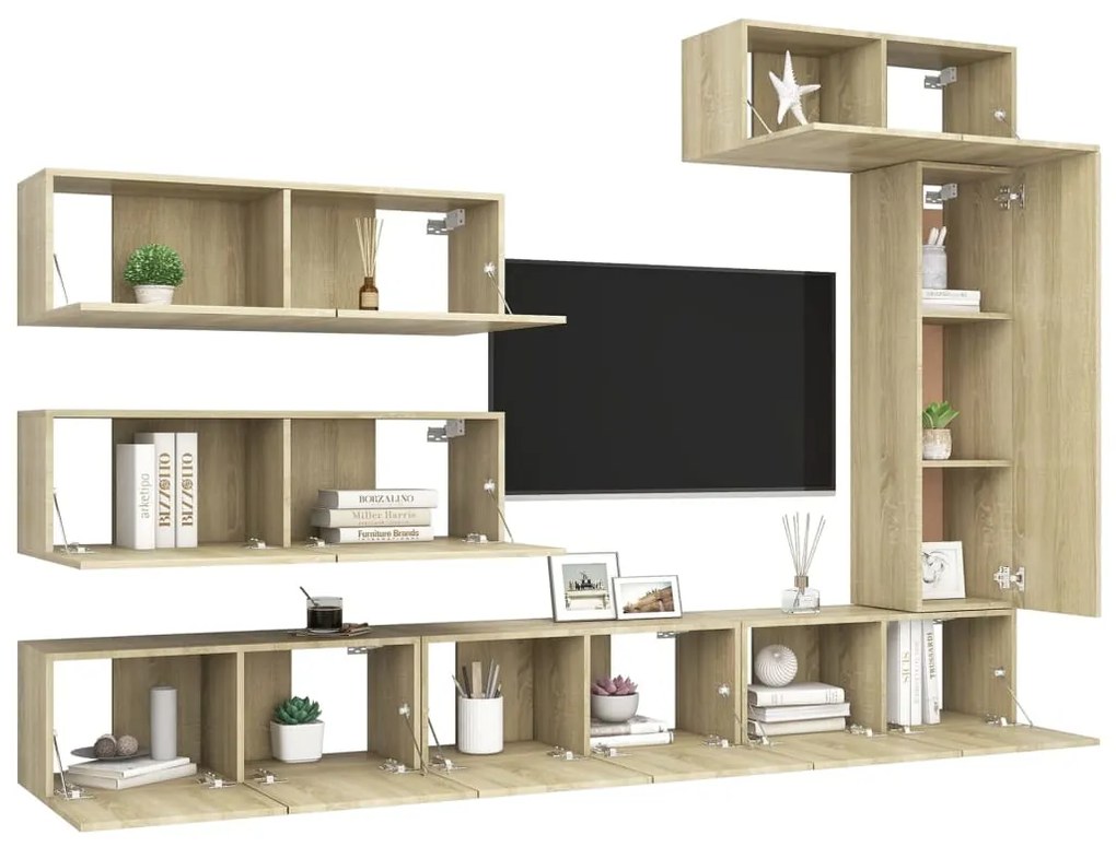 7pcs conjunto de móveis de TV derivados madeira carvalho sonoma