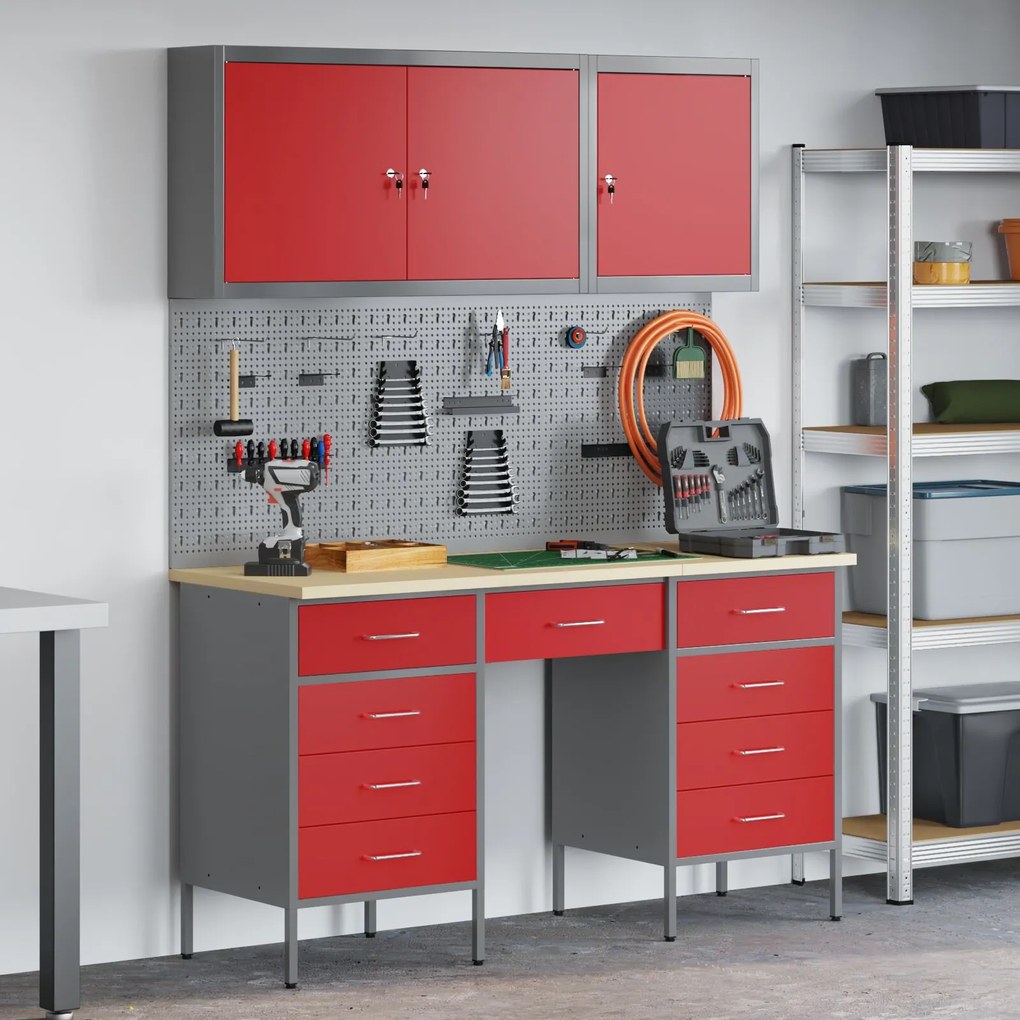 Conjunto de Armário e Painel de Ferramentas de 8 Peças vidaXL Vermelho