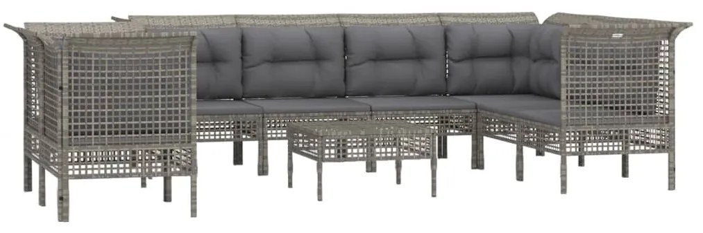 9 pcs conjunto lounge de jardim c/ almofadões vime PE cinzento