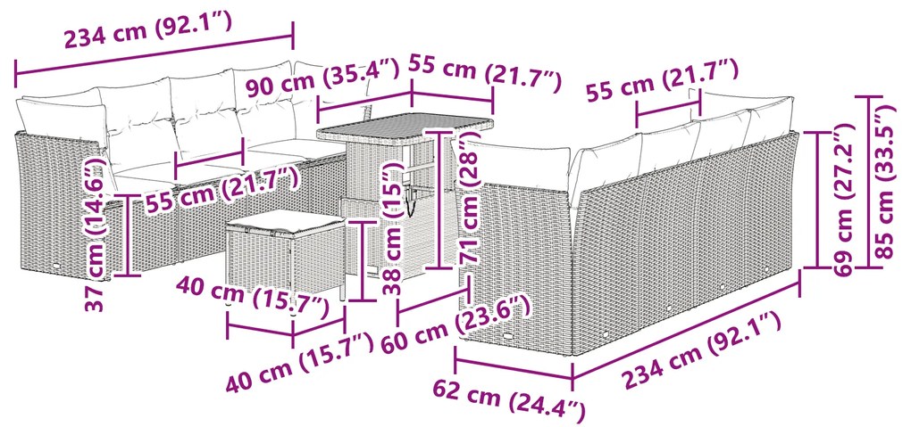 Conjunto de Sofás de Jardim vidaXL de 11 peças com almofadas Preto Rat
