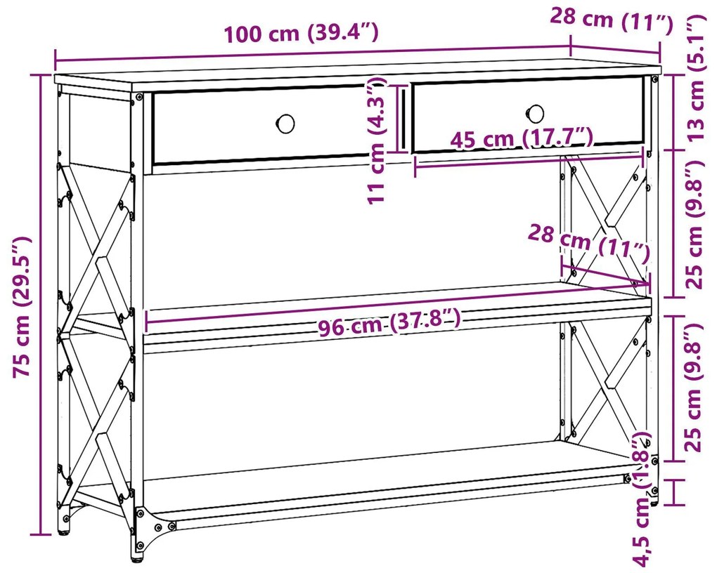 Mesa de Consola vidaXL Madeira Antiga 100x28x75 cm Madeira de Engenhar