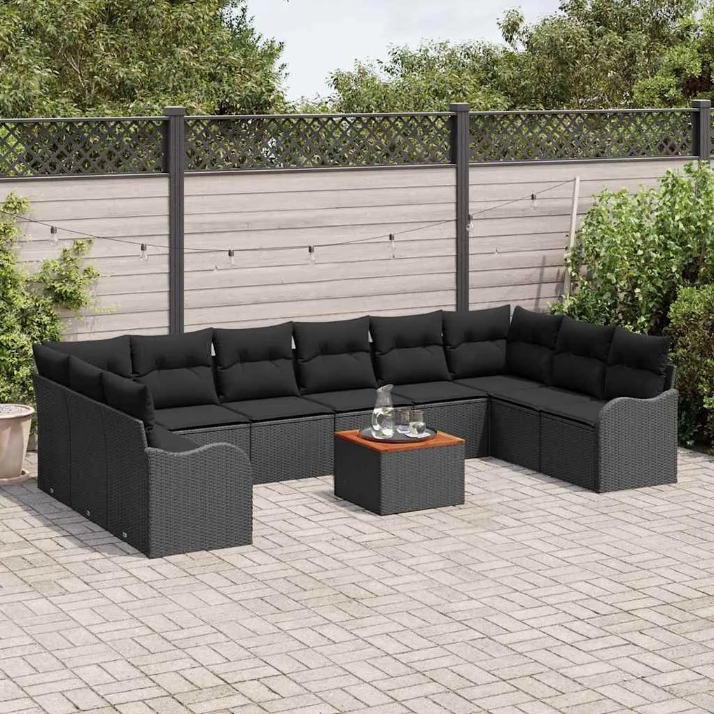 Conjunto de Sofá de 11 Peças vidaXL com Almofadas Preto Rattan Acácia