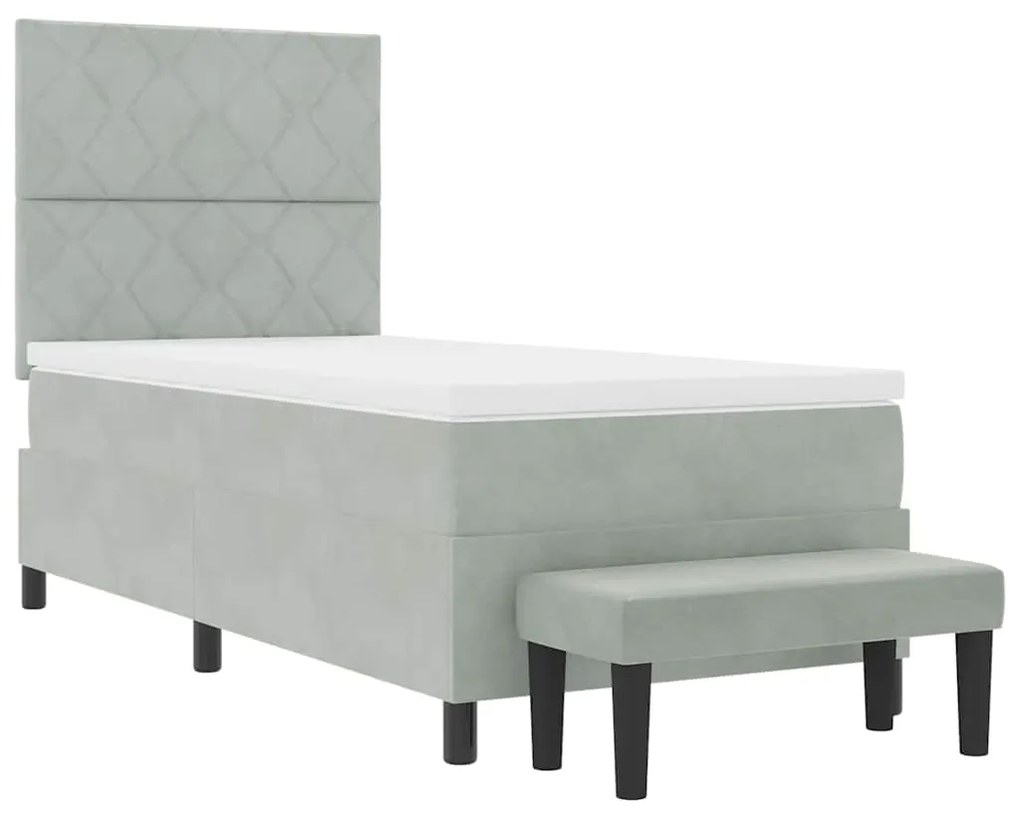 Cama Box Spring com Colchão e Banco Cinza Claro 90x200 cm Veludo