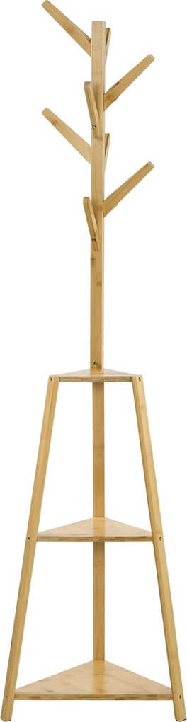 Cabide de pé em madeira de bambu com 8 ganchos e 3 prateleiras, 46 x 46 x 175 cm, cor natural