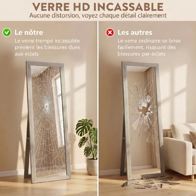 Espelho retangular com suporte de pé 37 x 155 cm, para fixação na parede ou para apoiar, com moldura de madeira, para sala de estar ou quarto, cinzent