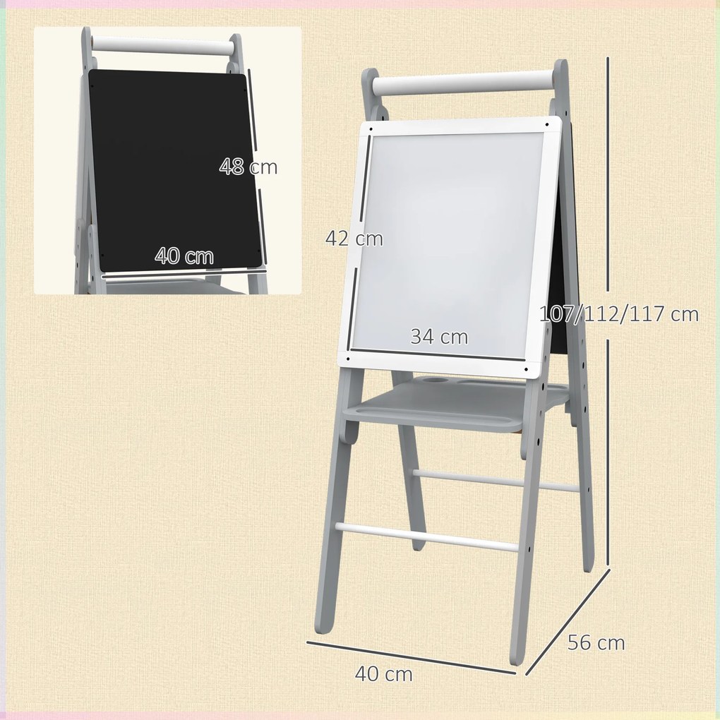 Cavalete para Crianças com Quadro Branco e Quadro preto com Altura Ajustável Cavalete de Arte 40x56x107/112/117 cm Cinza