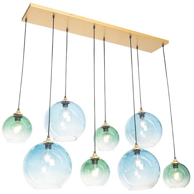 Candeeiro de suspensão em latão com vidro azul e verde 8 luzes - Sandra Art Deco