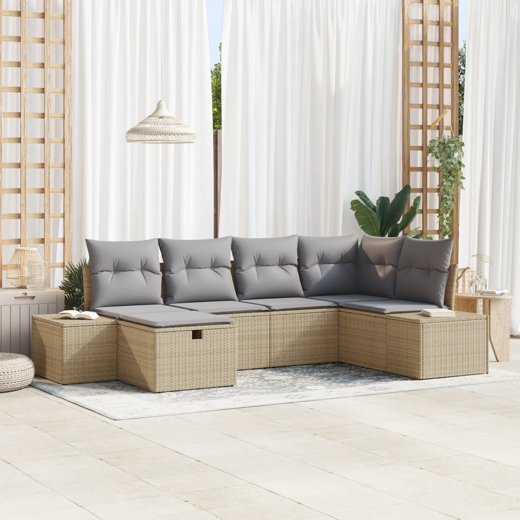 Conjunto de Sofás 6 peças com Almofadas Bege de Rattan Poliéster