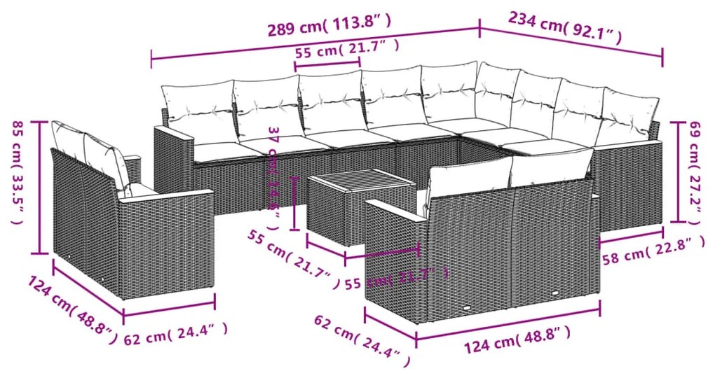 13 pcs conjunto de sofás p/ jardim com almofadões vime PE bege