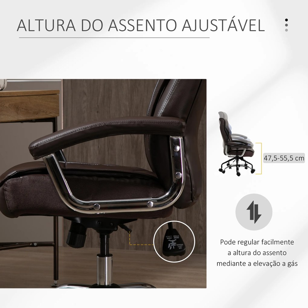 Vinsetto Cadeira de Escritório Ergonômica Cadeira de Escritório Giratória e Basculante com Altura Ajustável Encosto Alto e Apoio para a cabeça Acolchoado Pele Sintética 66x69x113-121cm Marrom