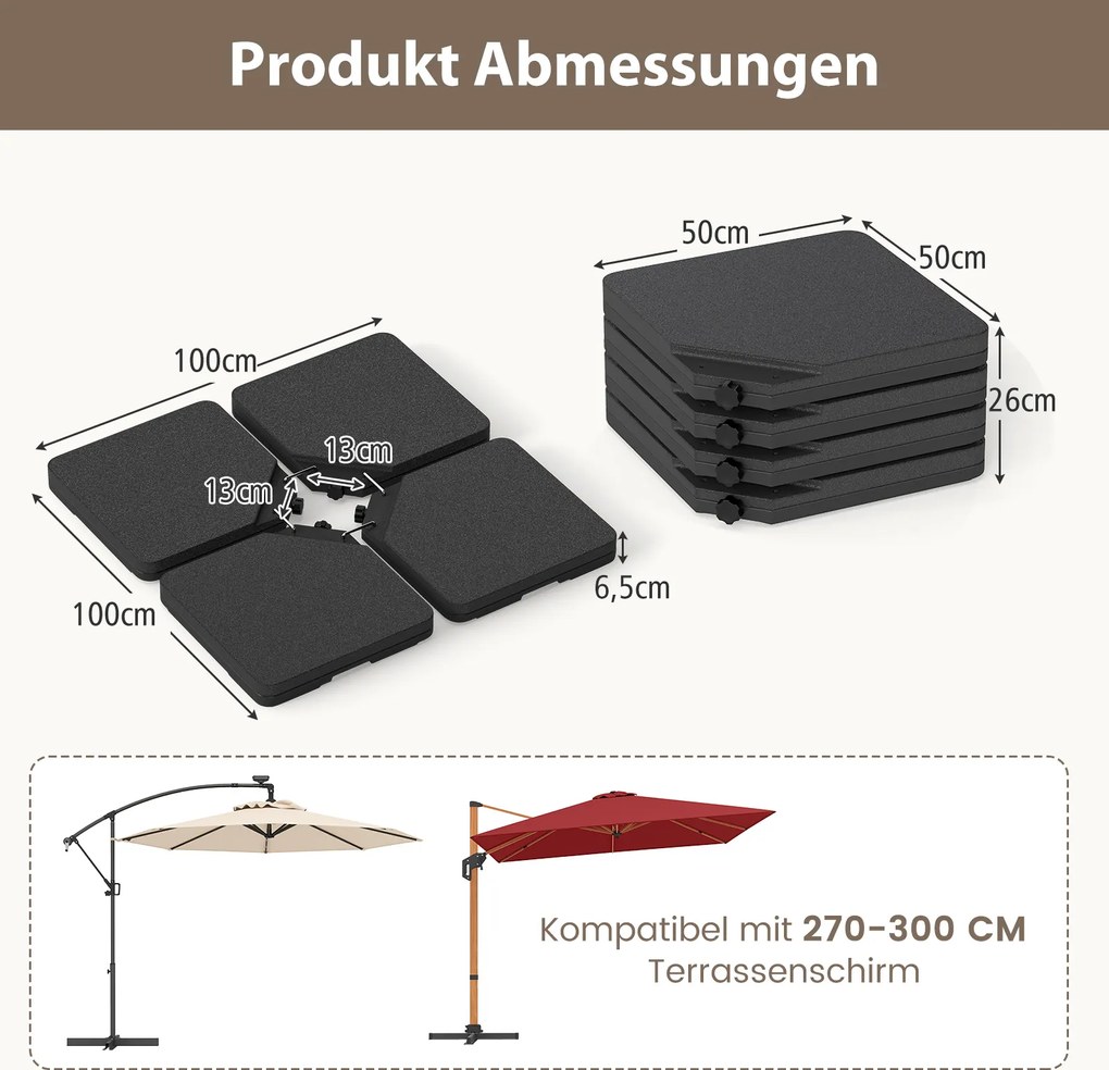 Base para guarda-sol 4 peças de 60 litros / 84 kg, recarregável, para guarda-sol com base quadrada preta