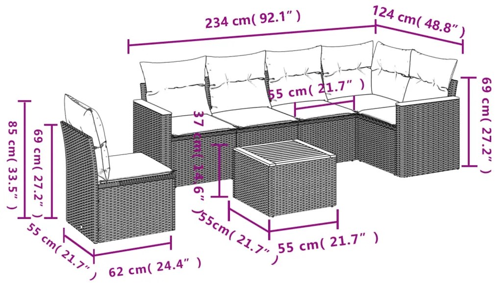 7 pcs conjunto sofás p/ jardim c/ almofadões vime PE cinzento