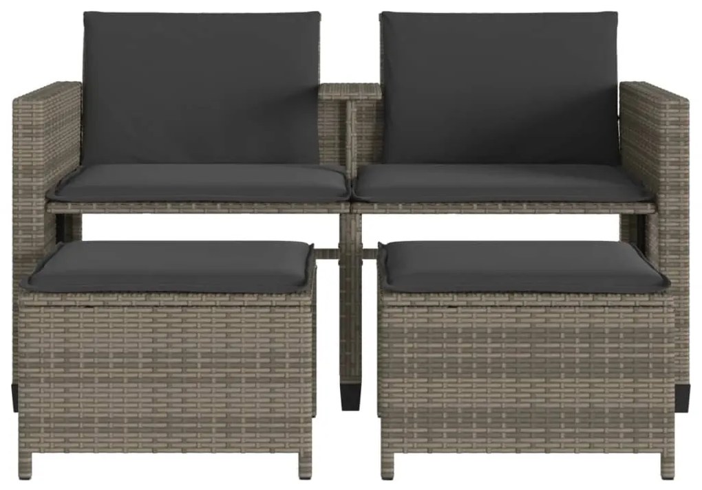 Sofá de jardim de 2 lugares com mesa e bancos vime PE cinzento