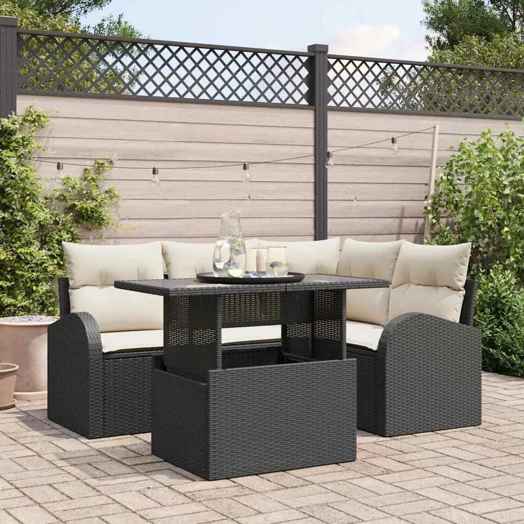 Conjunto de Sofá de Jardim de 5 Peças com Almofadas Rattan Preto