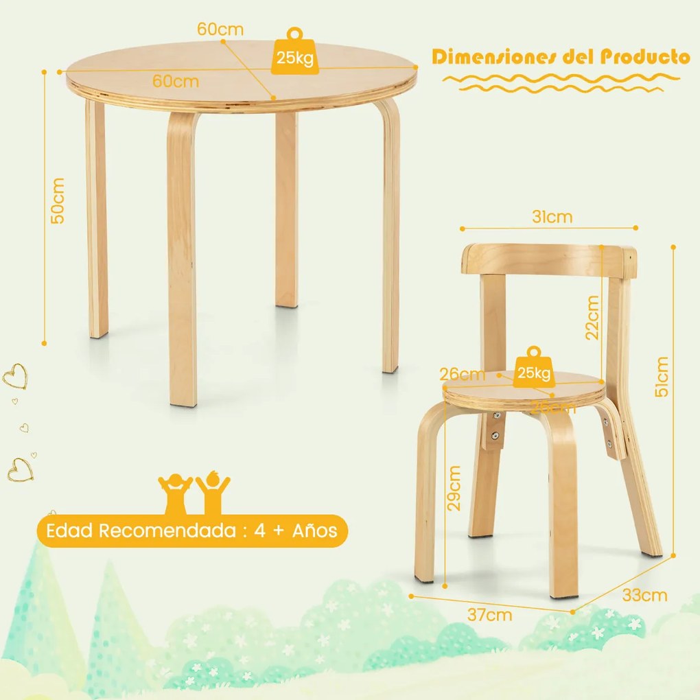 Conjunto de mesa e cadeira para crianças de 5 peças Mesa de actividades para crianças com 4 cadeiras Mobiliário infantil para o lar natural