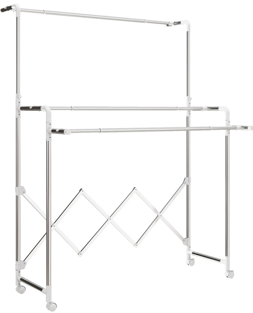Estendal Vertical Dobrável de 3 Níveis Estendal de Aço Inoxidável com 3 Barras Ajustáveis e Extensíveis 4 Rodas 104-150x103x145-197 cm Prateado