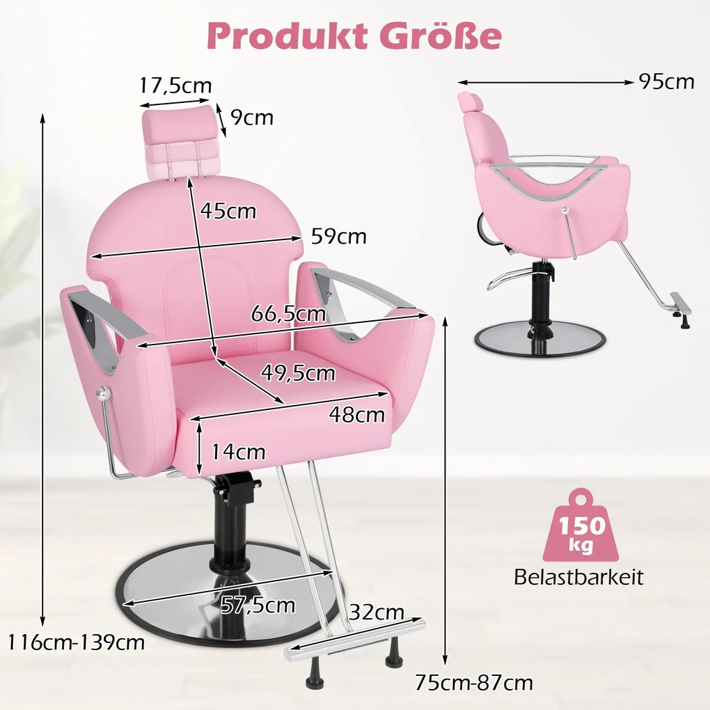 Cadeira de cabeleireiro ajustável em altura com apoio para a cabeça e bomba hidráulica, cadeira de salão giratória 360° em rosa
