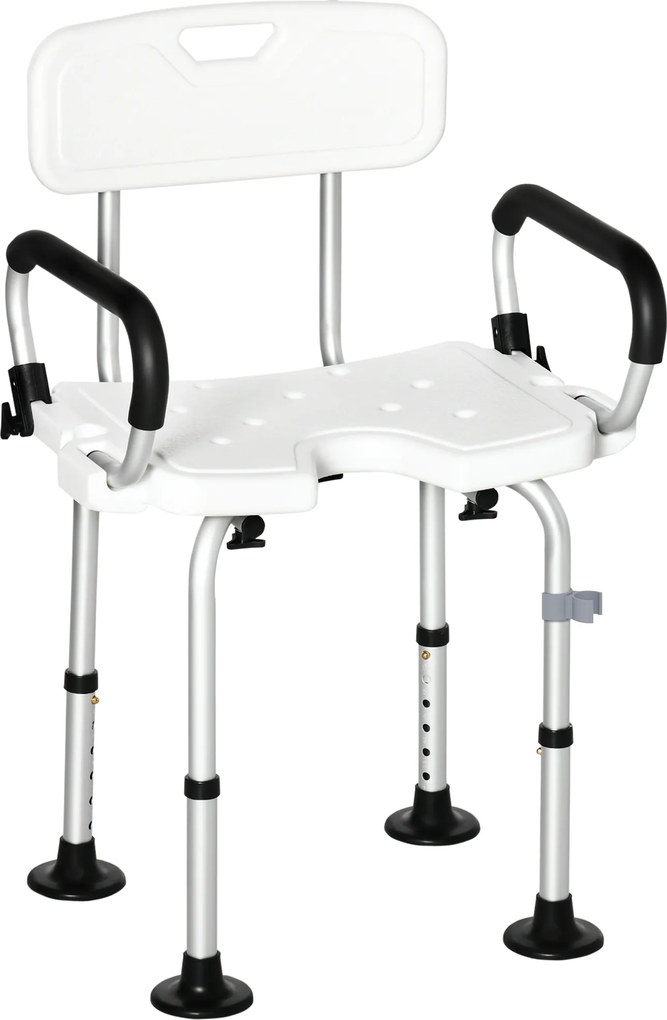 Cadeira para Duche Antiderrapante com Altura Ajustável de 6 Níveis e Apoio para os Braços Regulável 54x52x70-82cm Branco