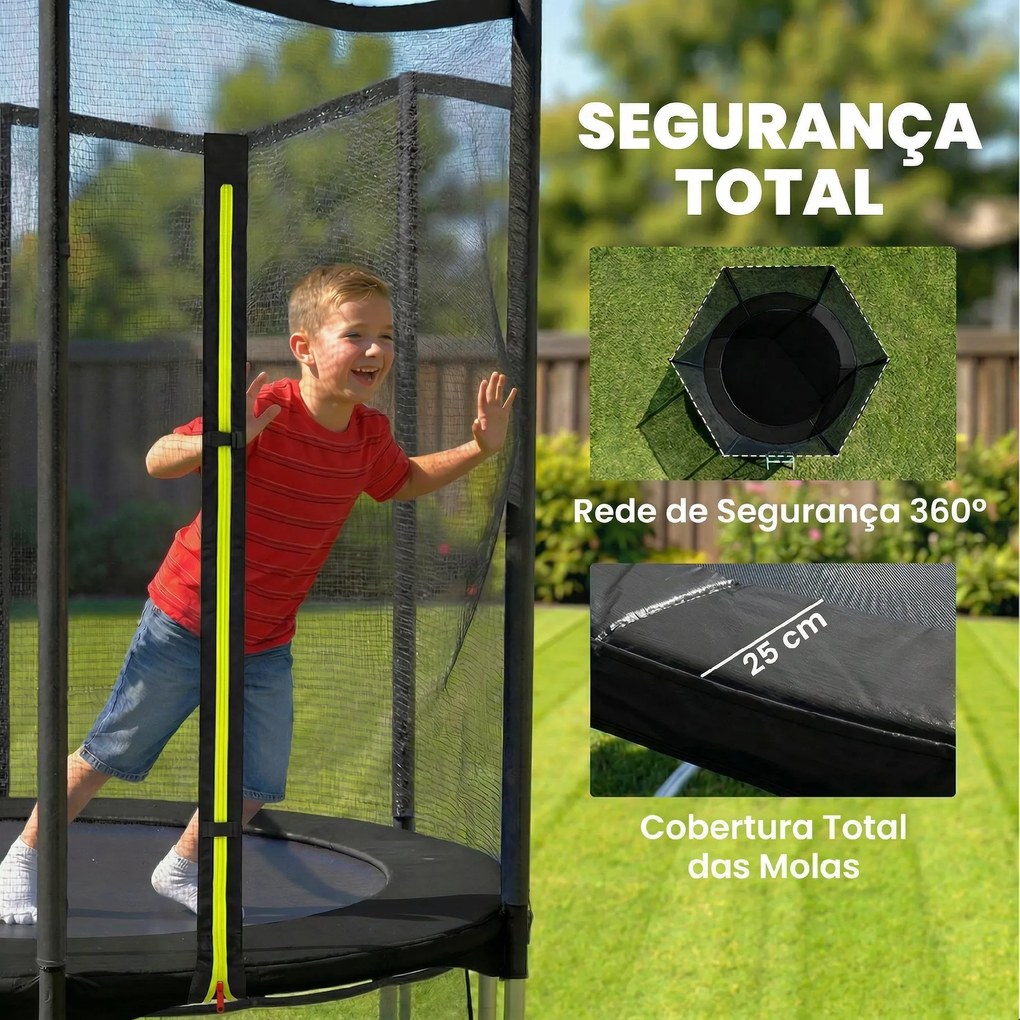 Trampolim para Crianças Exterior Ø183 cm com Rede de Segurança Escada de 2 Degraus Cobertura de Molas Saco de Armazenamento Preto