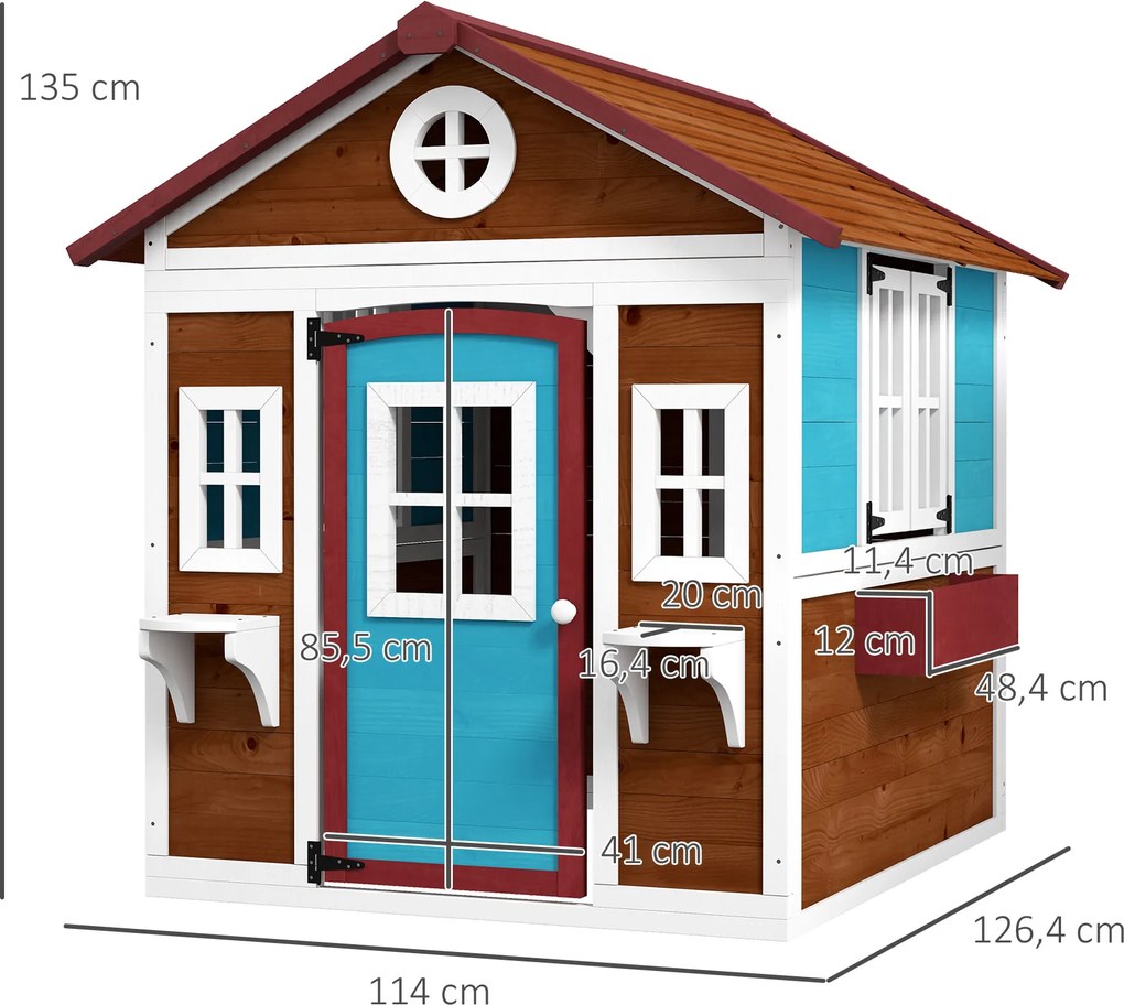 Casinha de Madeira Infantil com Porta Janelas Floreiras e Prateleiras com Detalhes de Cor 114x126,4x135 cm Castanho Escuro