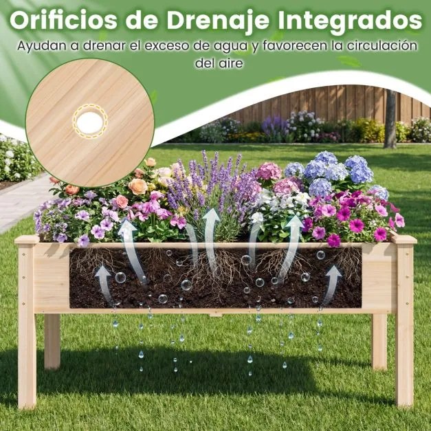 Floreira 122 x 62 x 48 cm em madeira de abeto natural com suportes para legumes, flores e ervas aromáticas, para varanda, pátio ou jardim Natural
