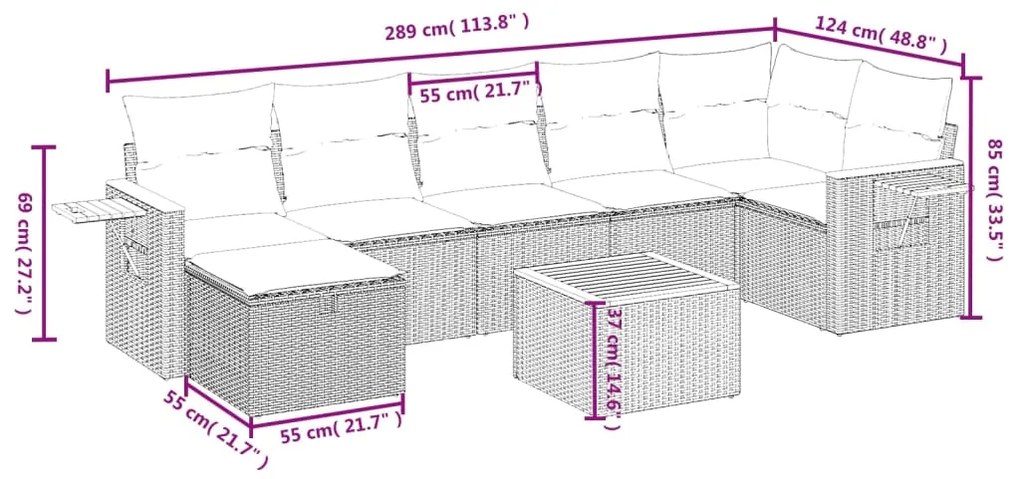 8 pcs conj. sofás jardim c/ almofadões vime PE bege misturado