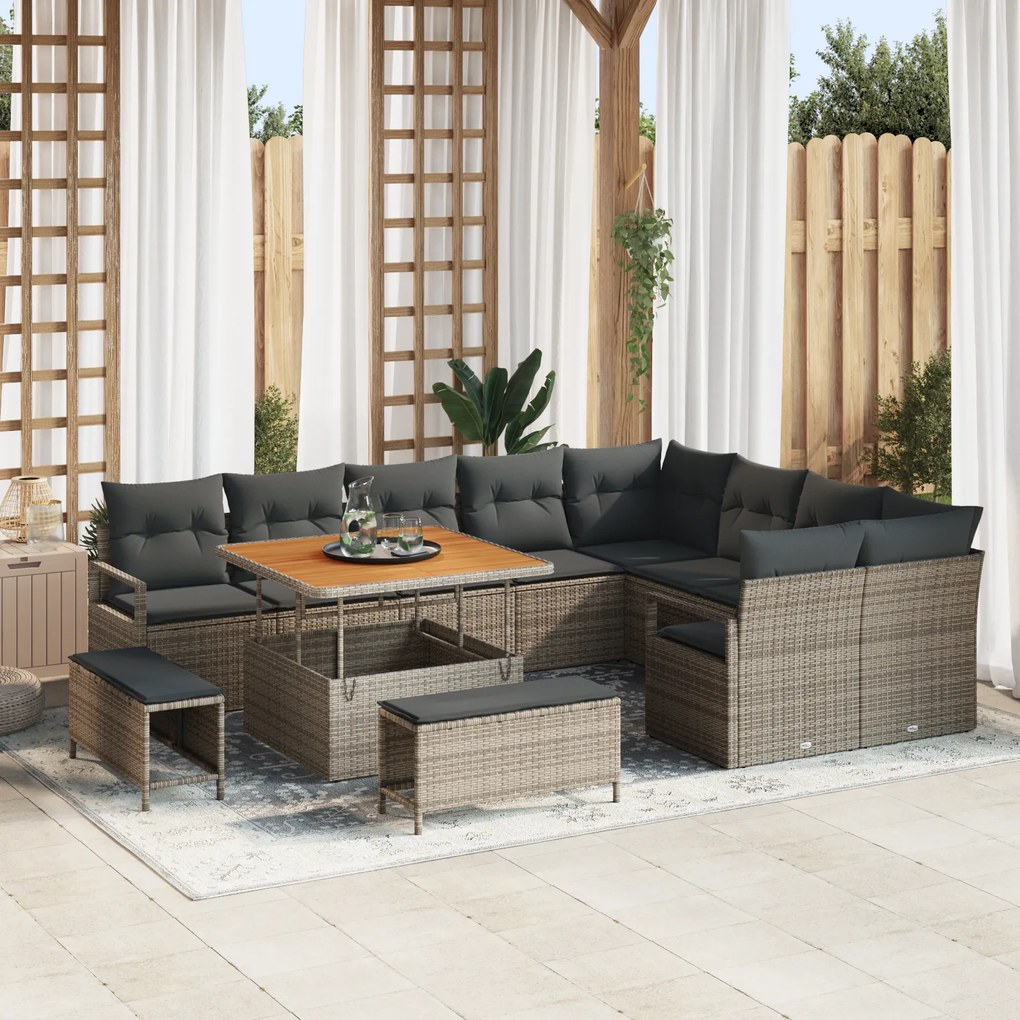 Conjunto de Sofá de Jardim vidaXL de 12 Peças com Almofadas Cinza Rattan Poliéster Acácia