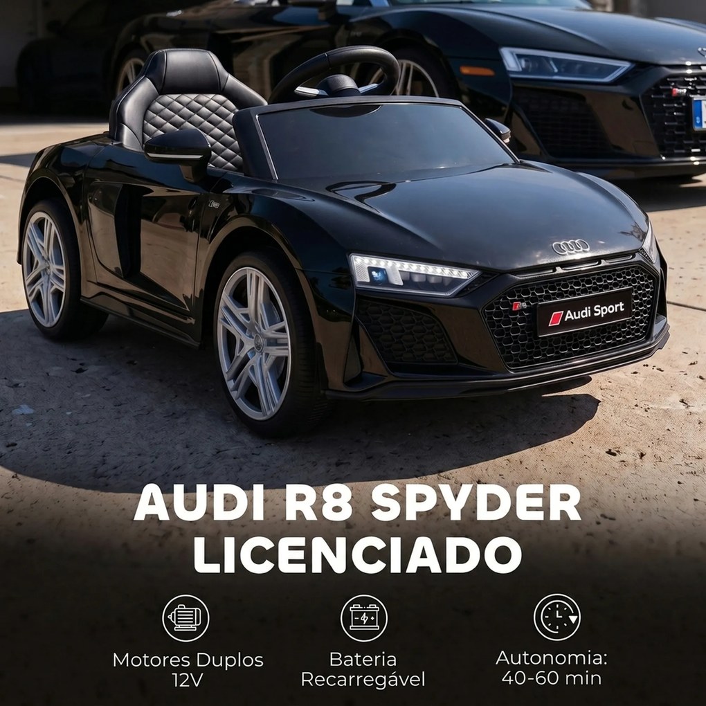 Carro Elétrico Infantil 2 a 5 anos Audi R8 Spider12 V com Comando à Distância 2,4 GHz 2 Motores Arranque Suave e Suspensão Traseira Preto