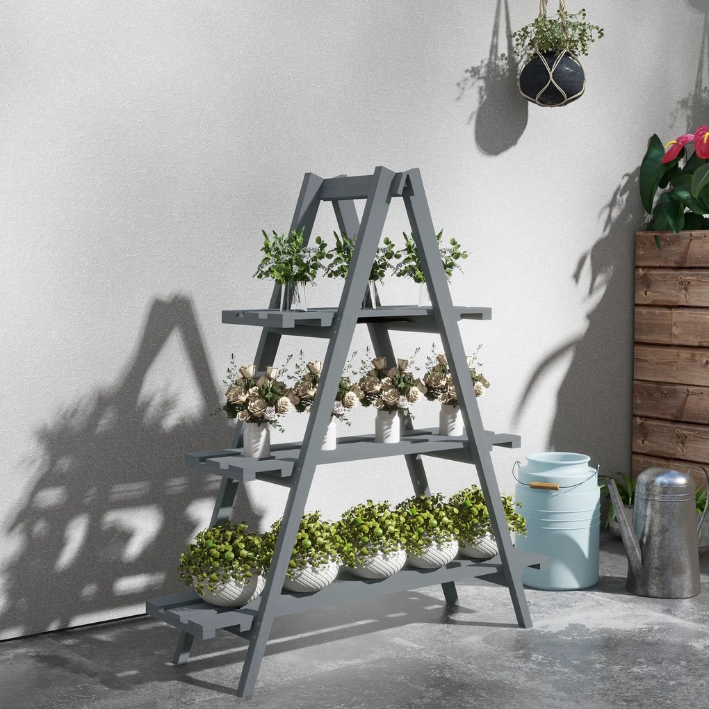 Suporte de Madeira para Plantas Dobrável de 3 Níveis com Estrutura em Forma de A para Jardim Pátio 100x36x112 cm Cinza