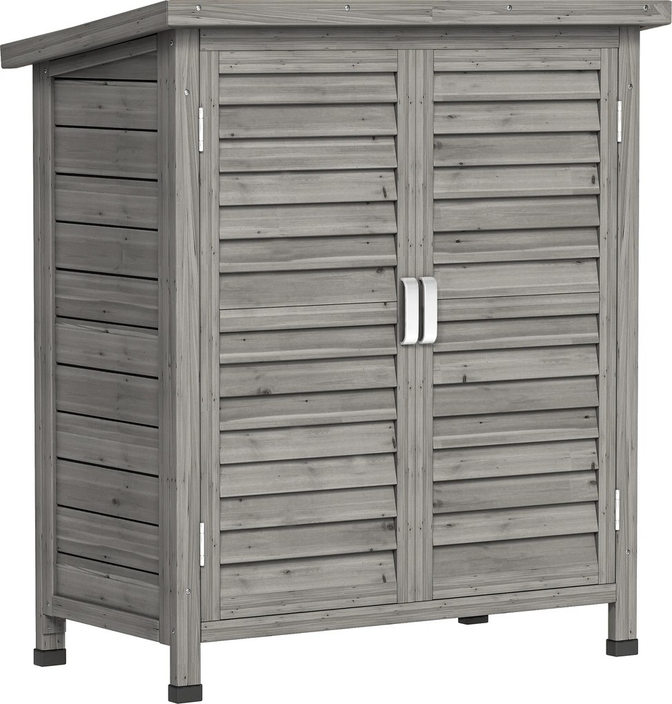 Armário de Armazenamento de Madeira para Jardim com 2 Prateleiras Interiores 2 Portas e Teto Inclinado para Exterior Terraço 87x46,5x96,5cm Cinza