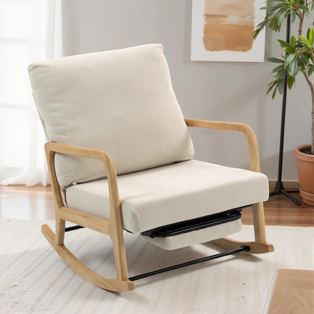 Poltrona Baloiço com Encosto Ajustável de Veludo Cotelê Nórdica Pés de Madeira Braços Almofada Lombar 70x89x97,5 cm Creme