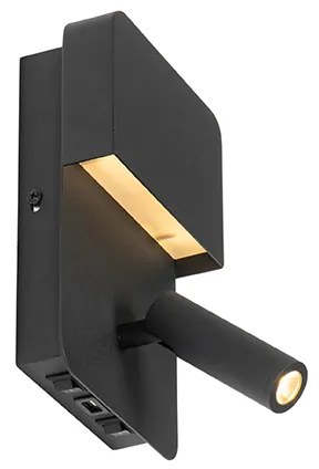 Candeeiro de parede preto com LED e porta USB e luz de leitura com interruptor - Robin