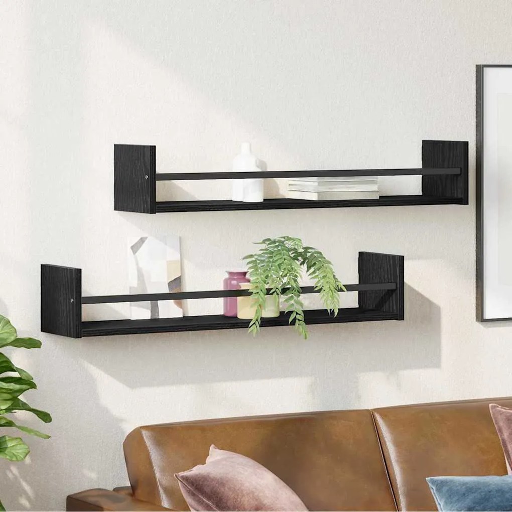 Prateleiras de parede 2 pcs Preto Carvalho 80x16x14 cm Madeira de enge