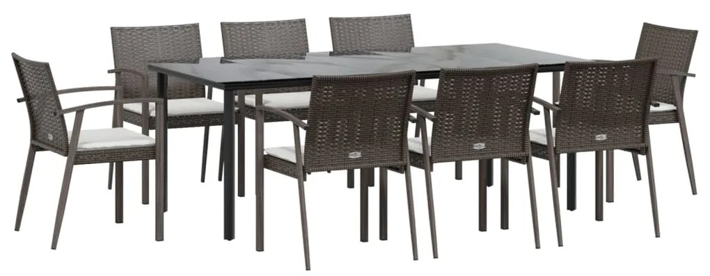 9 pcs conjunto de jantar p/ jardim com almofadões vime PE e aço