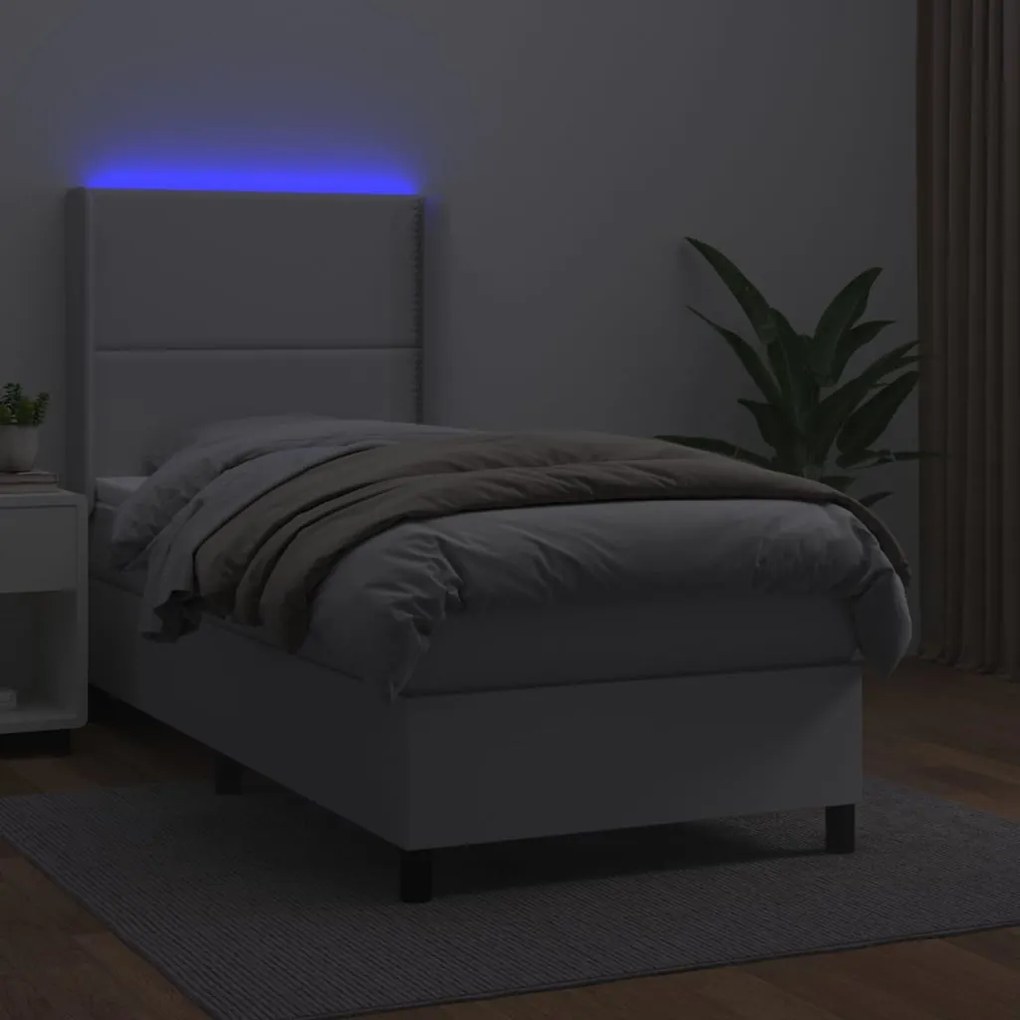 Cama box spring c/colchão/LED 100x200cm couro artificial branco